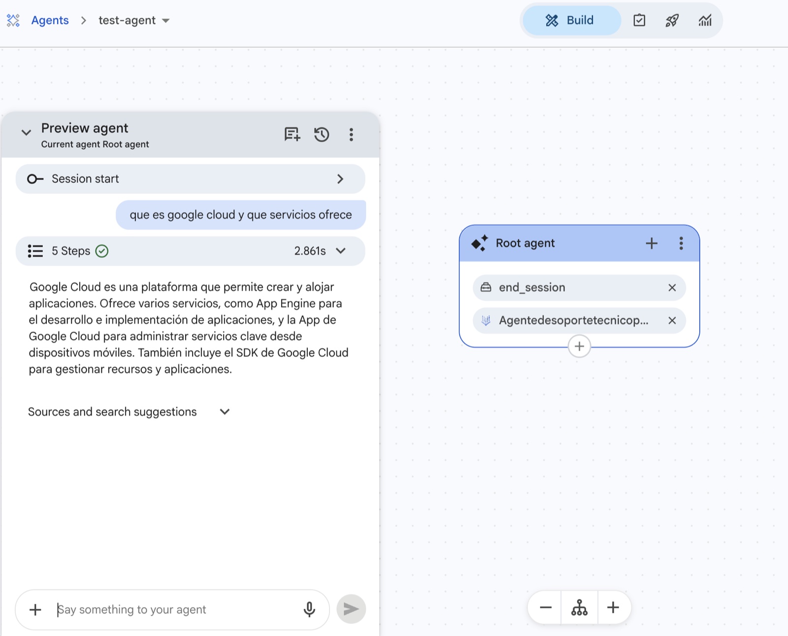 Interfaz de CX Agent Studio: panel de Preview del agente probando una conversación y el Root agent con sus acciones