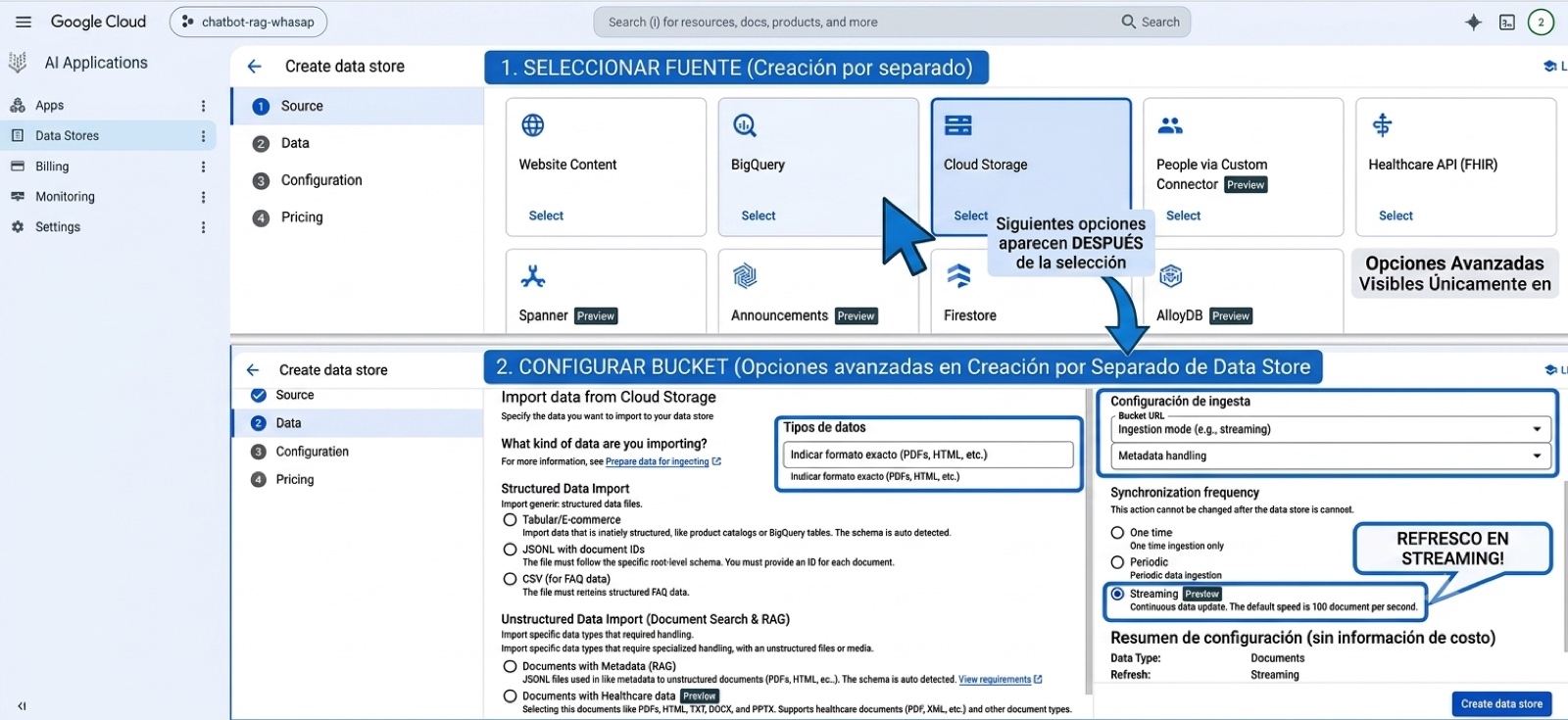 Opciones avanzadas al crear un Data Store por separado