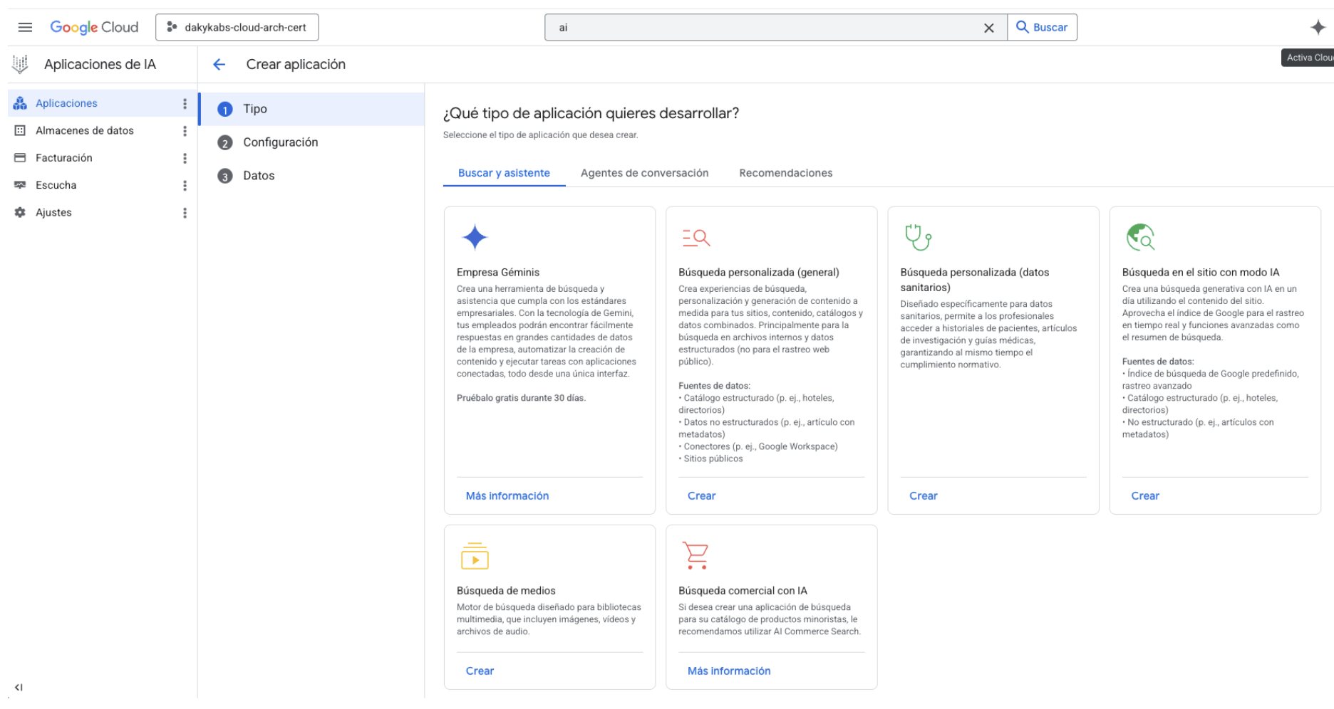 Opciones de aplicaciones que se pueden crear con IA en Google Cloud Console