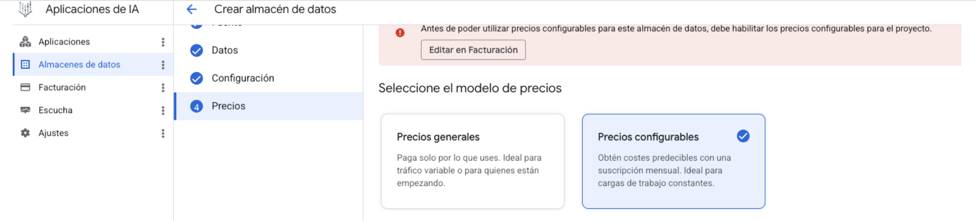 Pantalla de selección de modelo de precios - Configurable seleccionado