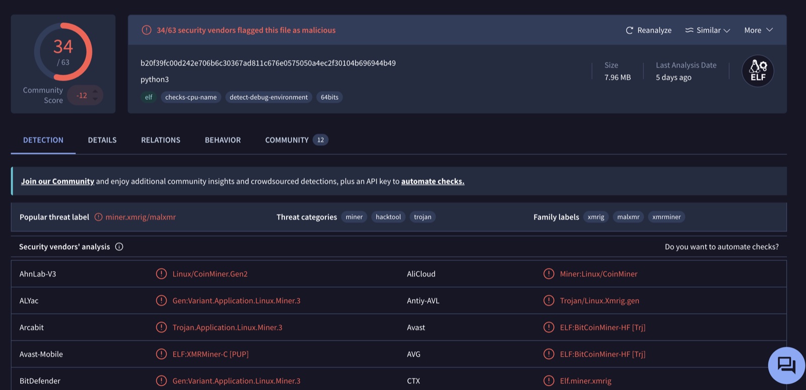 Detección del binario nodes en VirusTotal vía hash SHA-256.