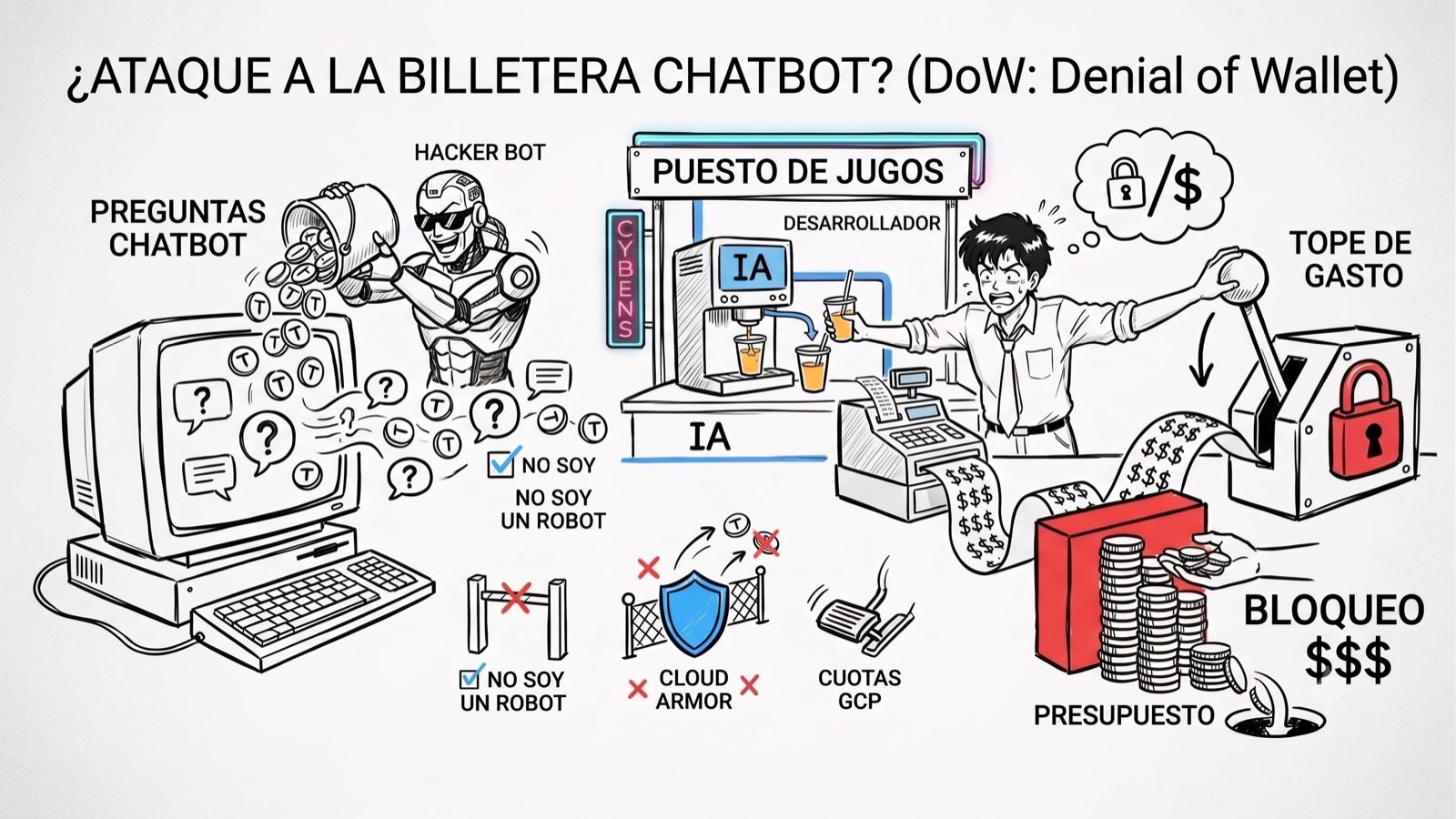 Panorama del ataque Denial of Wallet a un chatbot: preguntas sin parar, el puesto de jugos y el dinero drenándose hacia el tope de gasto