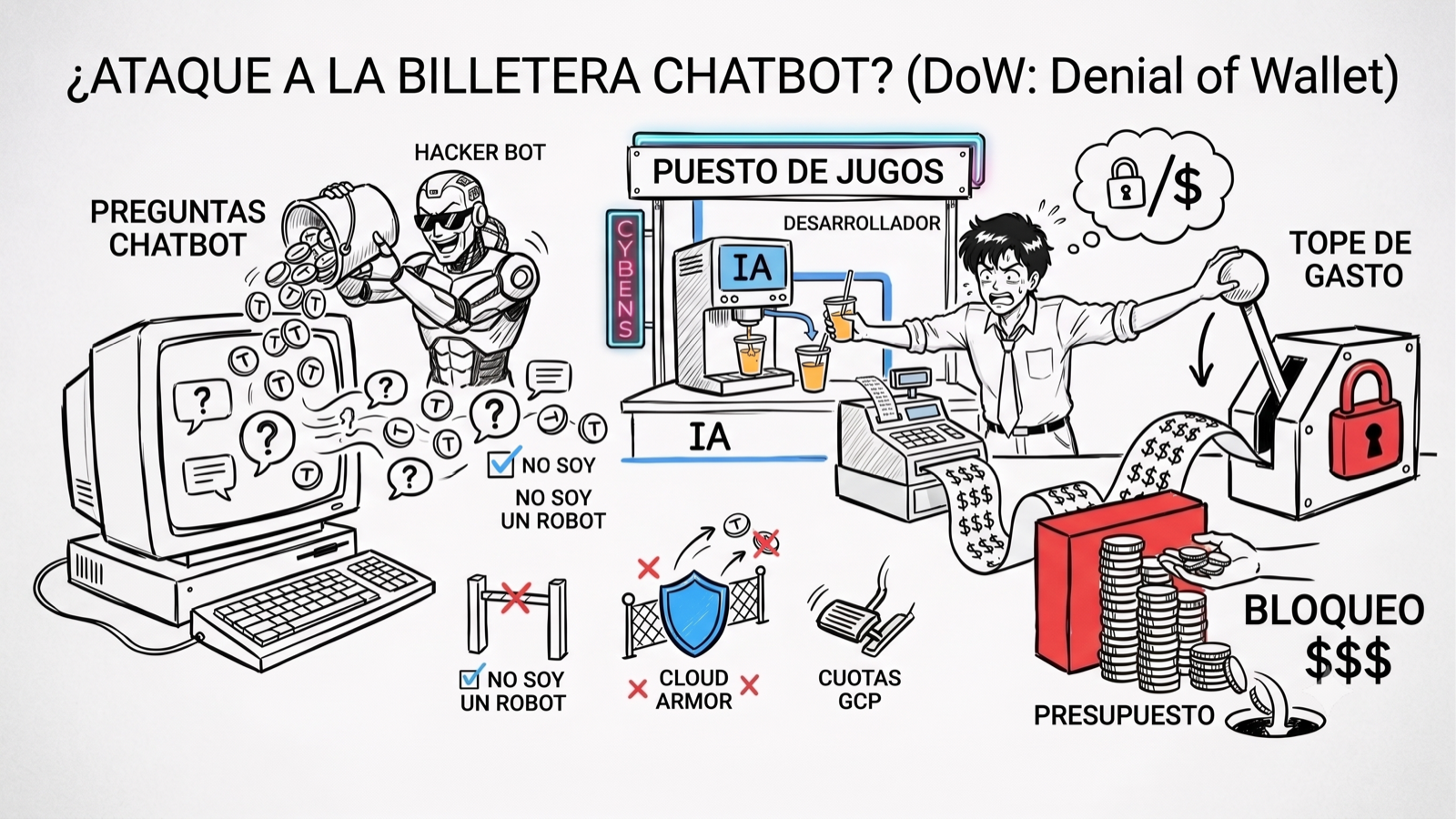 Panorama del ataque Denial of Wallet a un chatbot: preguntas sin parar, el puesto de jugos y el dinero drenándose hacia el tope de gasto